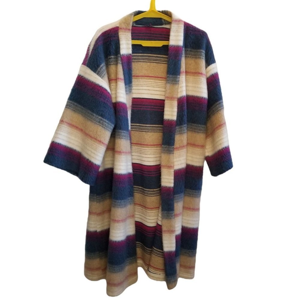 Vintage Womens‎ Longline Open Front Cardigan Striped Fuzzy OSFM Blue Magenta